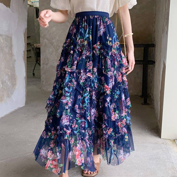 PEACH ACCESSORIES – Engroshandel Nederdel - Dame – PEACH ACCESSORIES blomsterprintet flæsenederdel med vidde SK1932