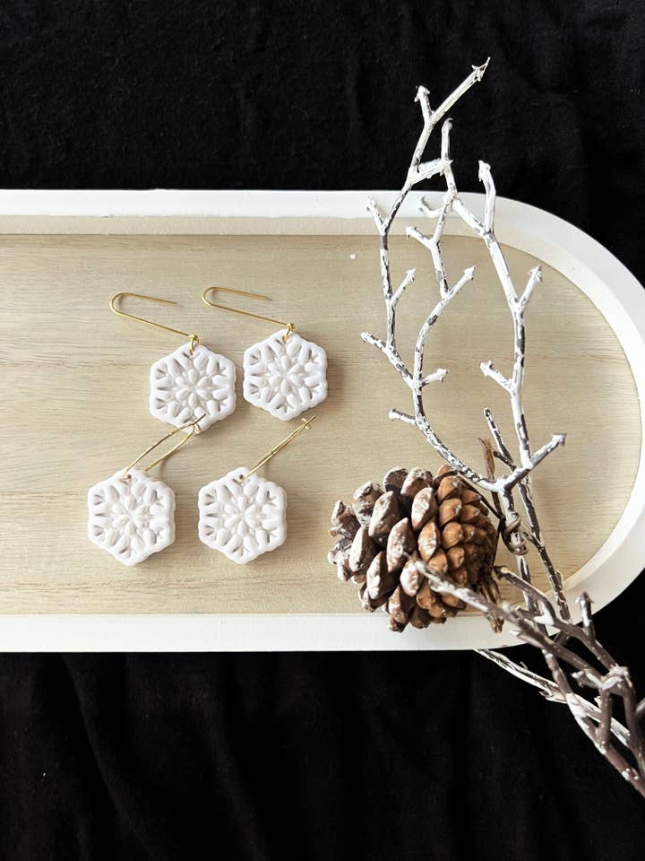 Detailed Snowflake Earrings, Snowflake Clay Earrings for wholesale by SeizeTheClayJewelry