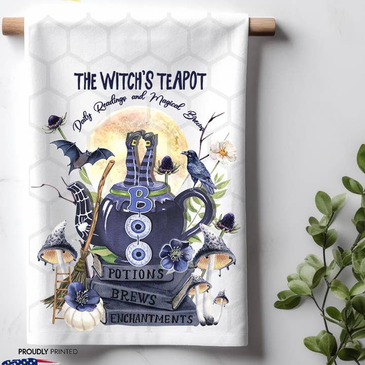 Toalha de cozinha de Halloween Witch's Teapot Potions & Brews por atacado de ADDLE iNK