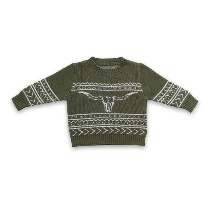 Yawoo Garments - Wholesale Knit Sweater - Kids - Olive bull skull aztec cow baby kids sweater