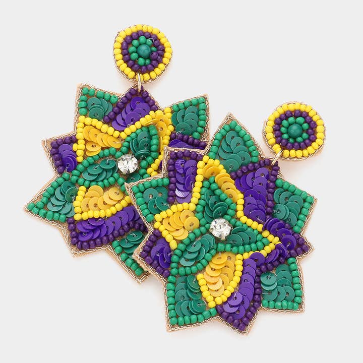 Felt Back Seed Beaded Mardi Gras Flower Dangle Earrings for wholesale by Sensibling Corp.
