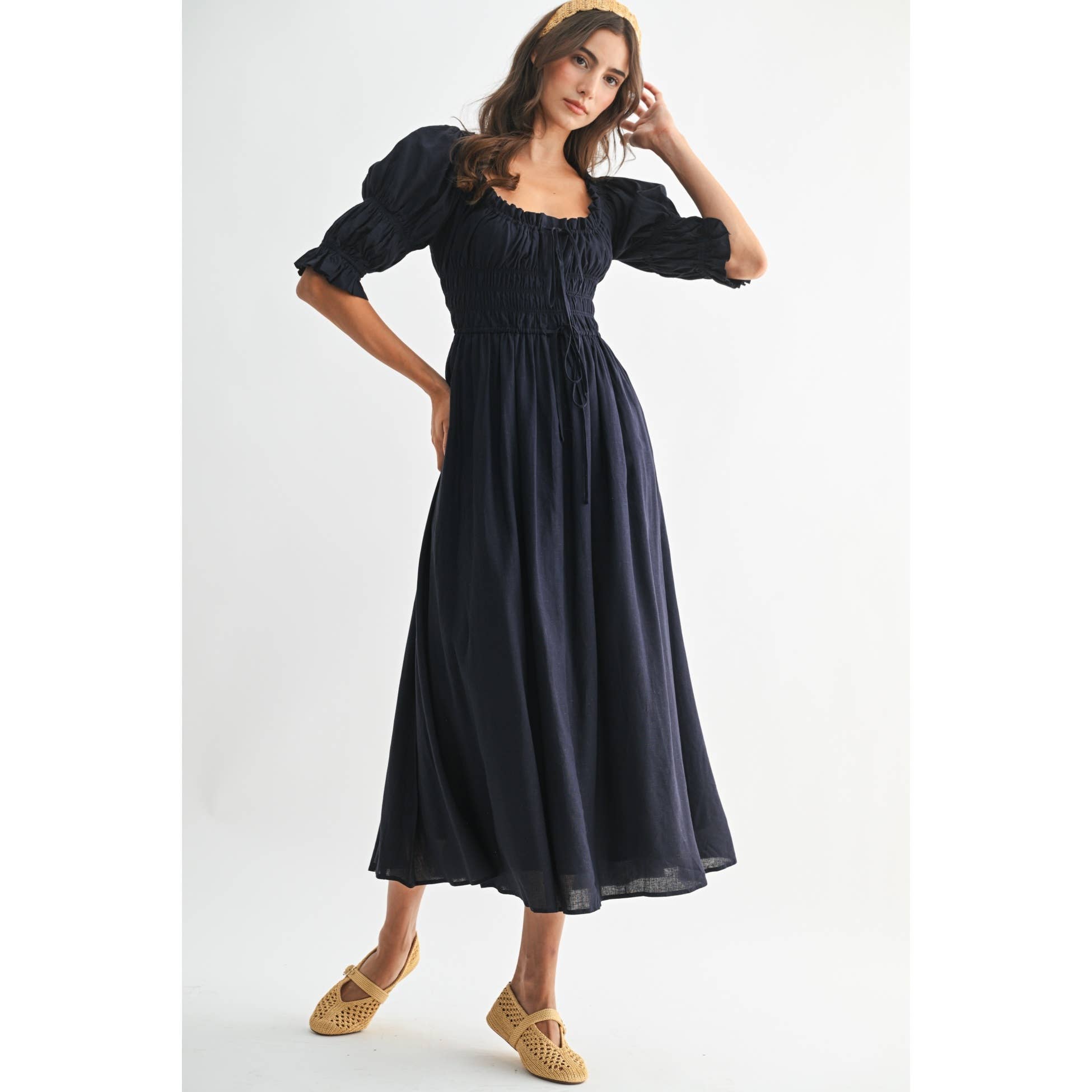 Camellia - Vente Robe – femme - ROBE MIDI ÉPAULES DÉNUDÉES SMOCKÉE AVEC JUPE PLISSÉE7