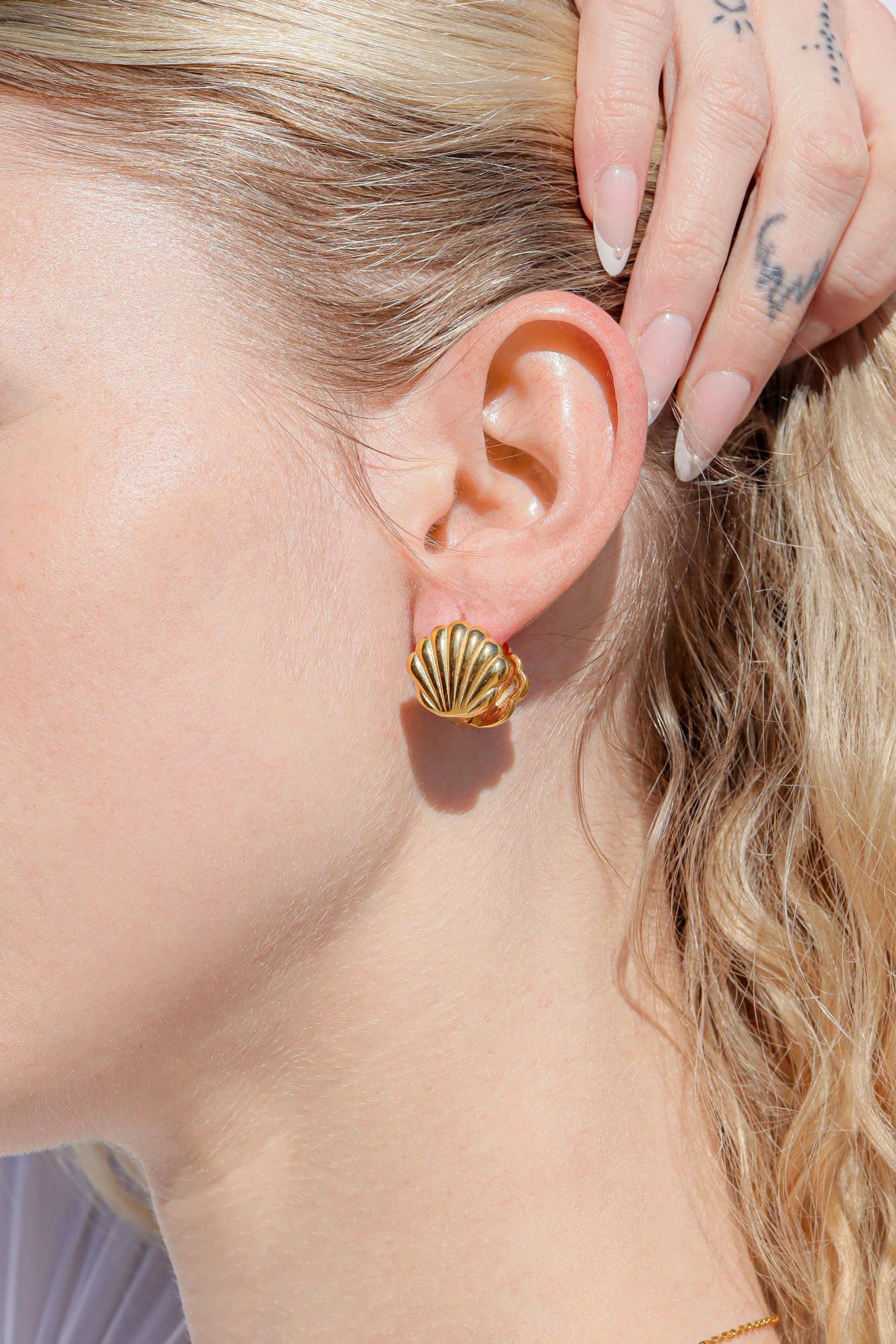 WJW - Wholesale Huggie Earrings - 18K Gold PVD Stainless Steel Shell Huggie Earrings6