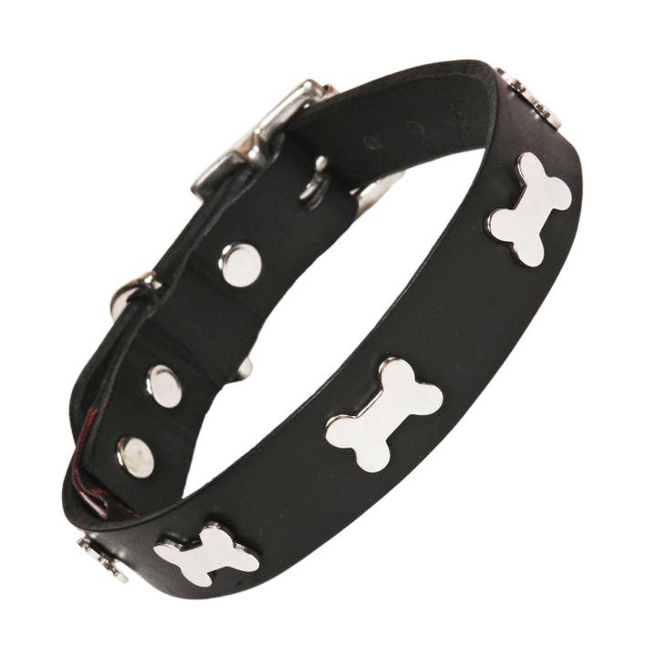 Creature Clothes - Vendita all'ingrosso Collare - Cani - Collare per cani in pelle nera con ossa in argento/ottone