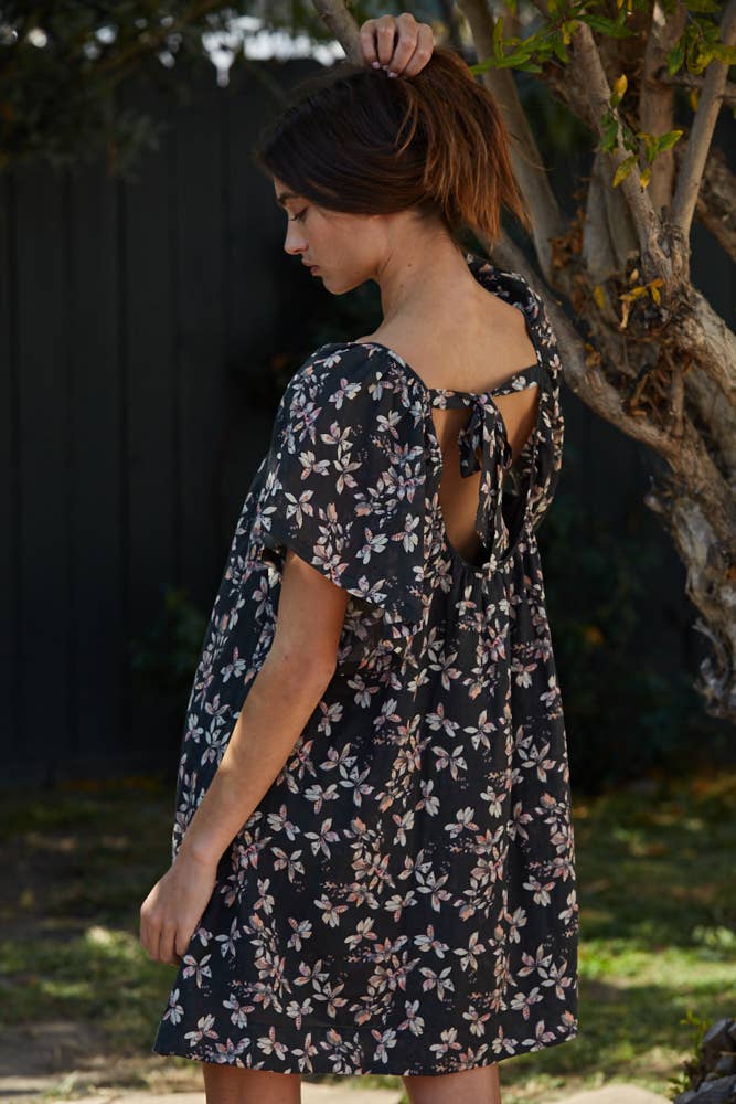 Charcoal Multi L7169 | Floral Print V-Neck Short Sleeve Flare Mini for wholesale on Faire2
