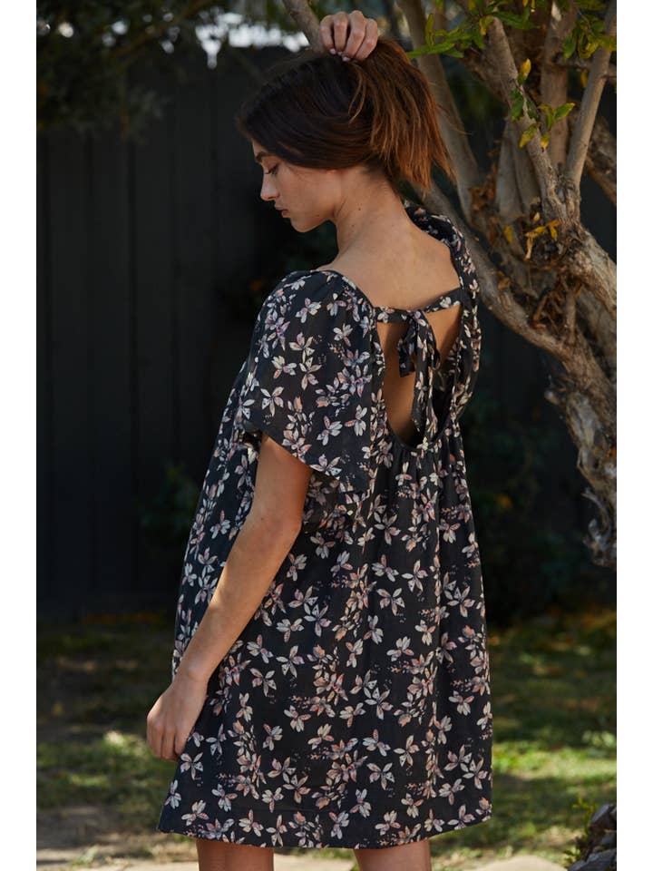 Charcoal Multi L7169 | Floral Print V-Neck Short Sleeve Flare Mini for wholesale on Faire2