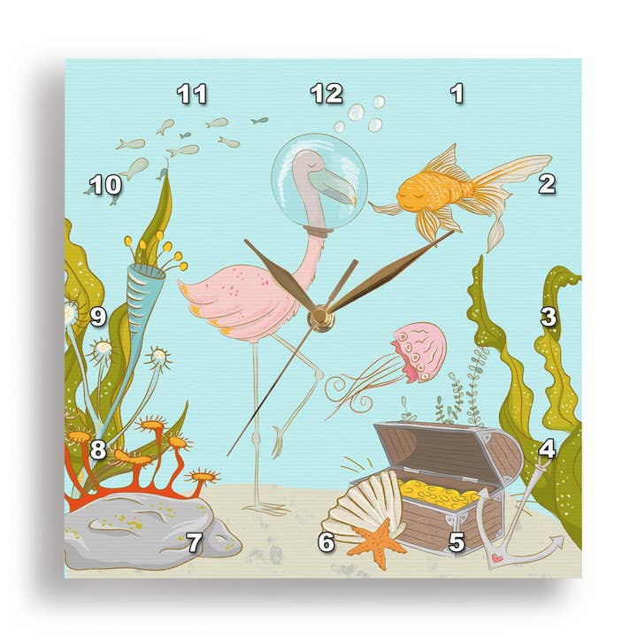 3dRose, Ocean Fairy Onderwater Illustratie voor Kinderen - Flamingo Duiker Dromen, Wandklok voor wholesale door 3dRose
