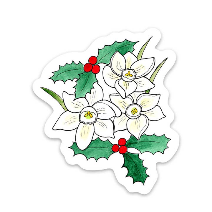 Adesivo in vinile con fiore di nascita di dicembre: agrifoglio e giglio per la vendita all'ingrosso da parte di Jodi Lynn's Emporium of Doodles
