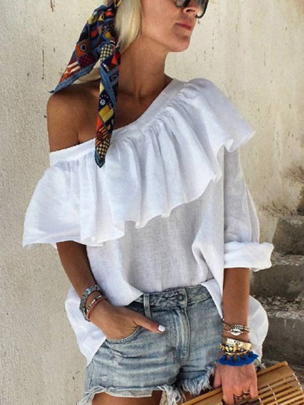 Sheer Trend – Großhandel Bluse – Damen – Sheer Trend Locker sitzendes Off-Shoulder T-Shirt mit Falbala und unifarbenem Design2