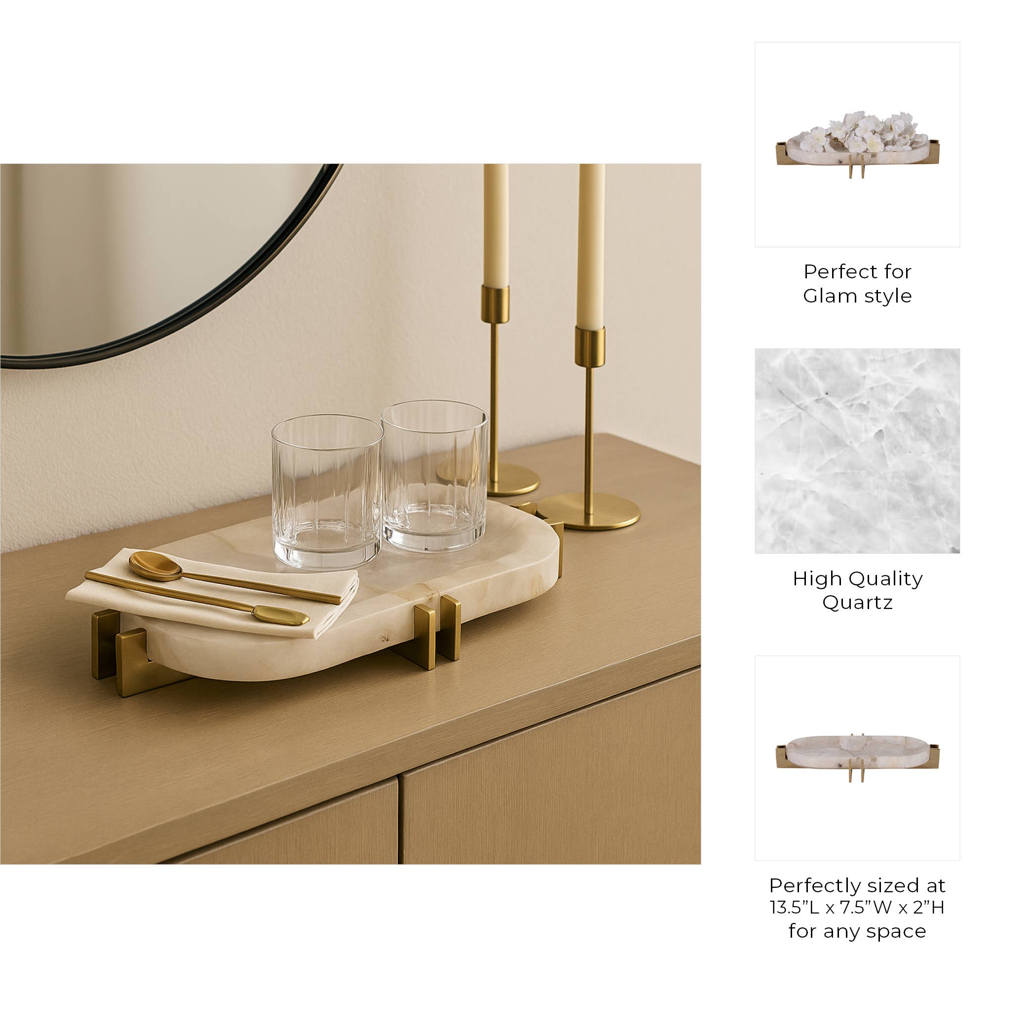 Sagebrook Home - Wholesale Decorative Tray - Decorative Tray - White Quartz with Gold Details, 14 in.4