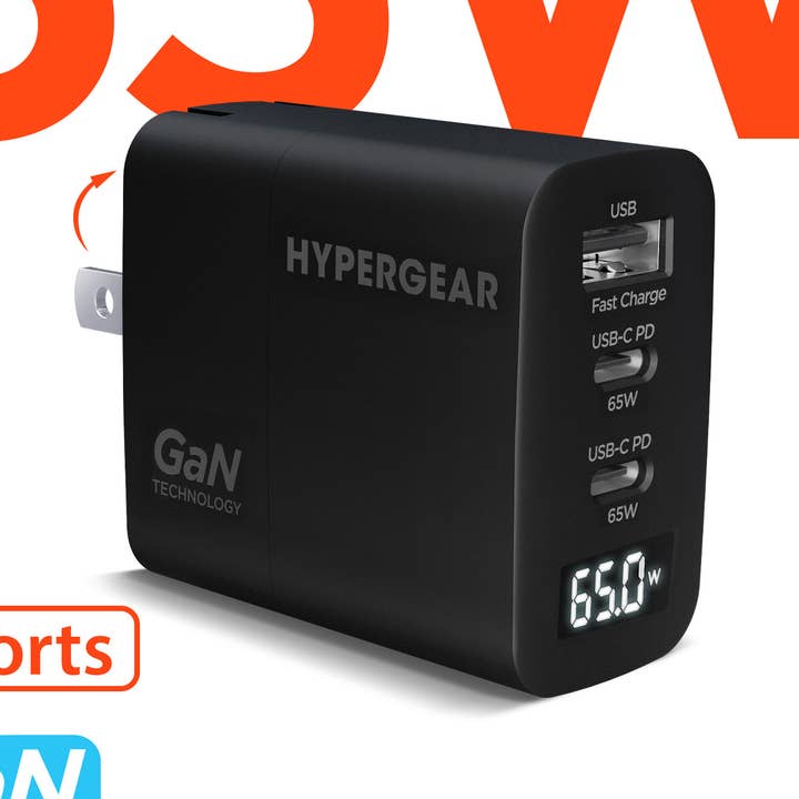 Chargeur d'ordinateur portable SpeedBoost 65W USB-C PD Tri-Port GaN avec PPS pour la vente par HyperGear