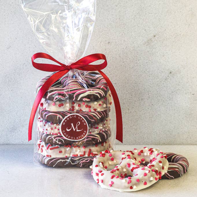 Valentine's 7pc Milk & White Chocolate Covered Pretzels for wholesale by Maggie Lyon Chocolatiers