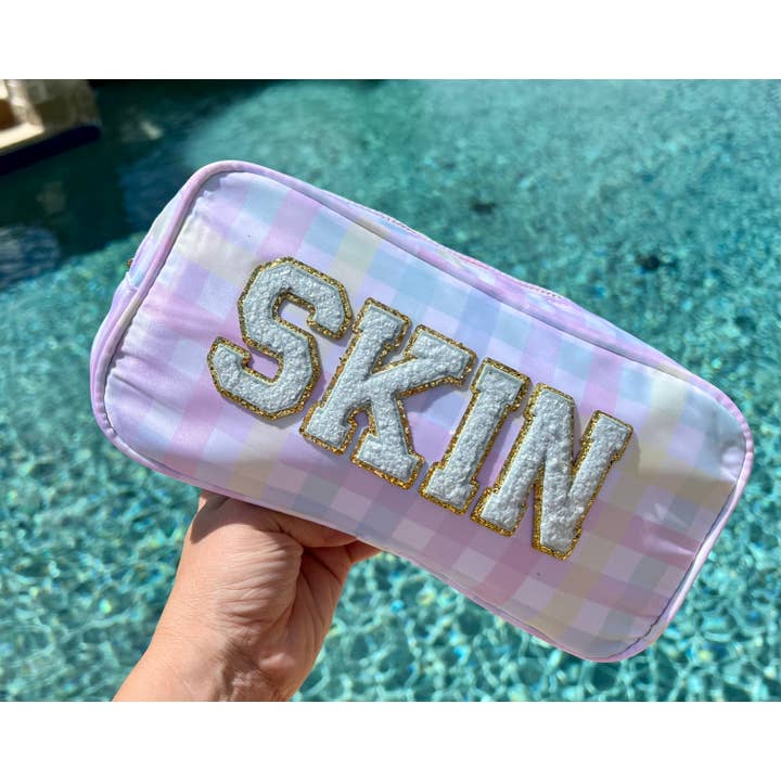 SKIN pastel zip checked Vinyl Makeup Pouch with Pale Blue for wholesale by Dilworth Road