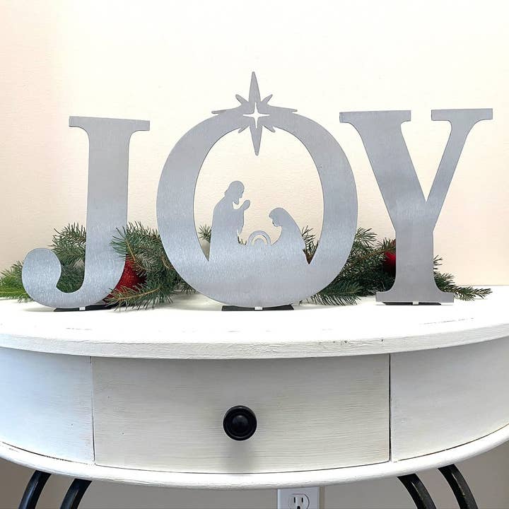 Rusted Orange Craftworks Co. - Wholesale Christmas Decoration - Joy Nativity - 3 Sizes - Metal Stand Up Joy Sign with Christmas Manger Scene2