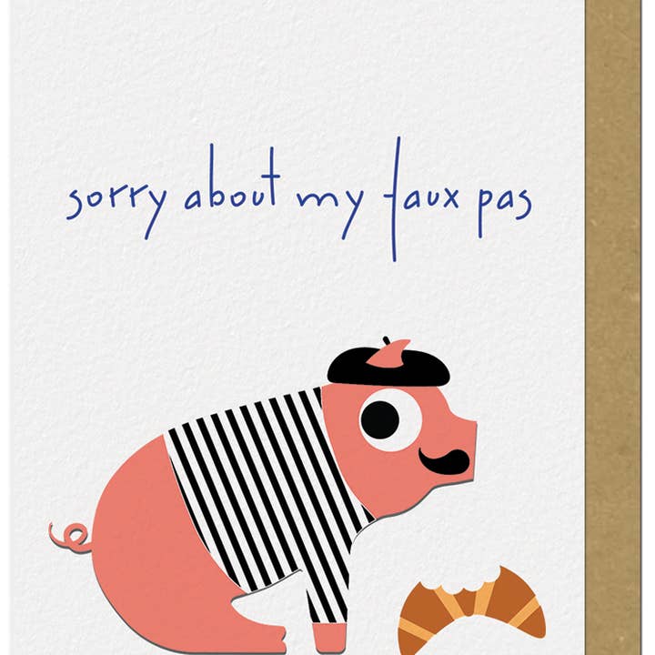 French Pig Apology Greeting Card Croissant for wholesale by Ampersand M Studio