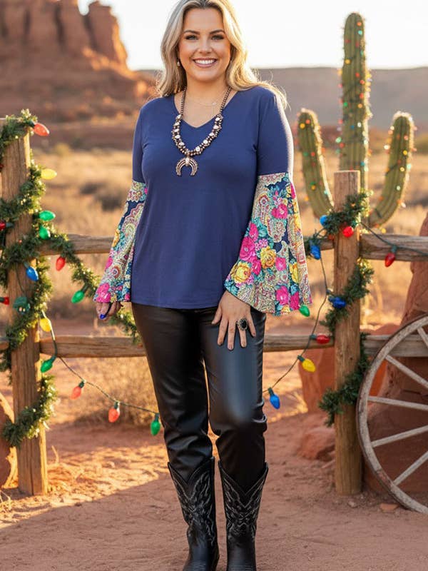 GJQ12917 Blue women blouse w/floral printed bell long sleeve for wholesale by luluclothes