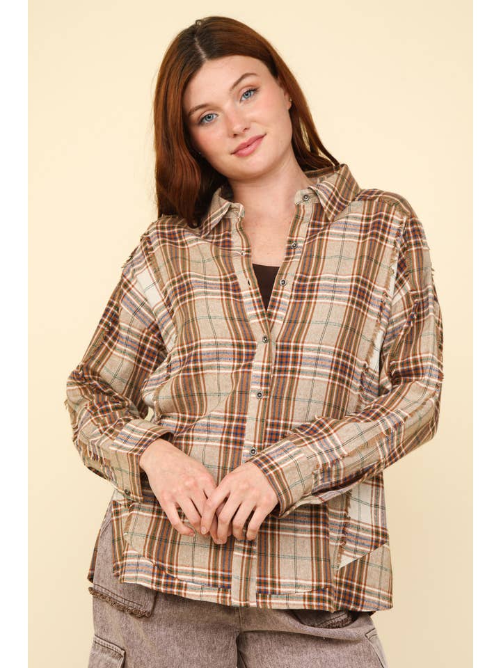 VERY J - Wholesale Button Down Shirt - Women's - NT11681-Contrast Plaid Detail Casual Shirt Top
