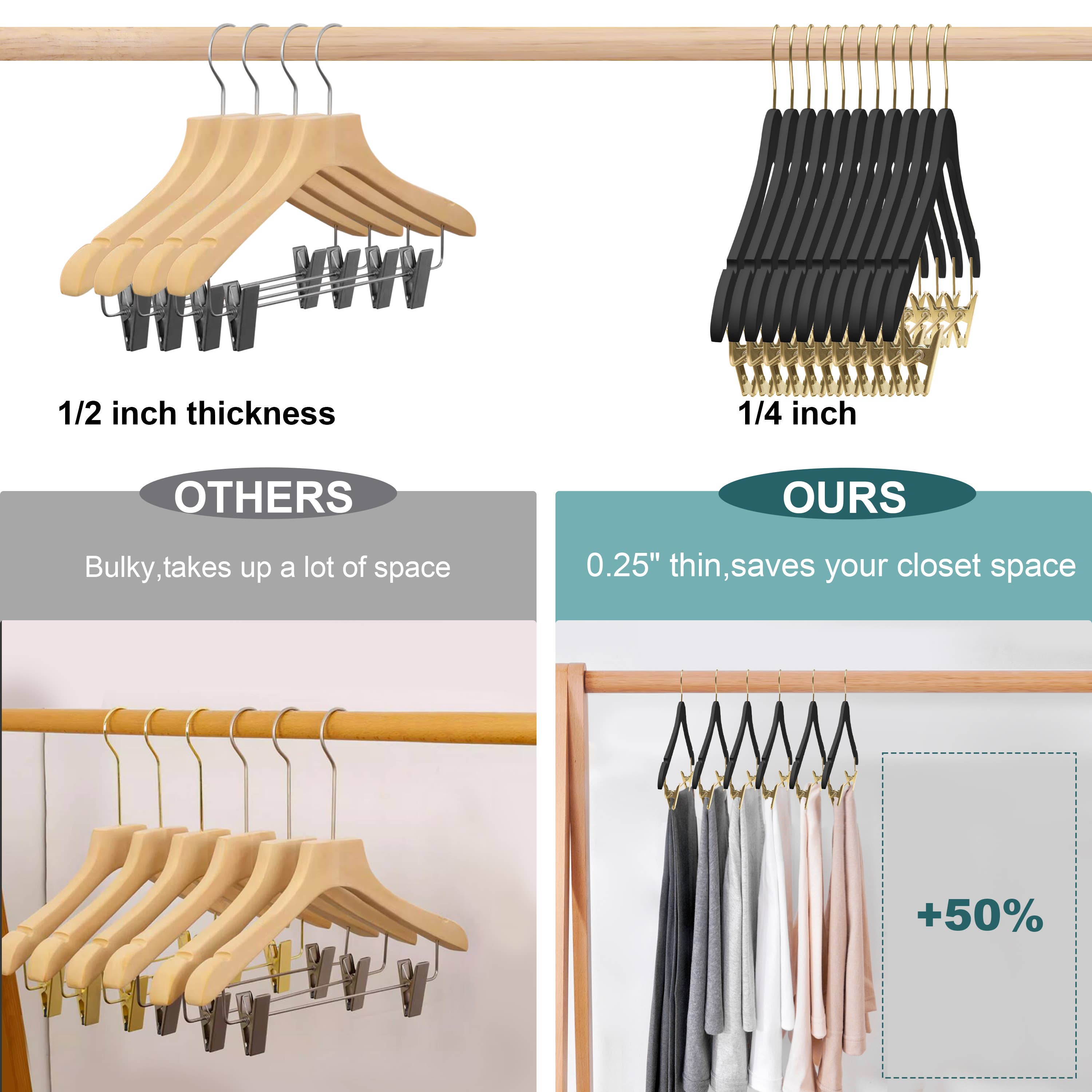 Quality Hangers – Cabides por atacado – WS73 Cabides Ultra Finos para Saias e Calças com Clipes Preto/dourado - 5 Unidades6