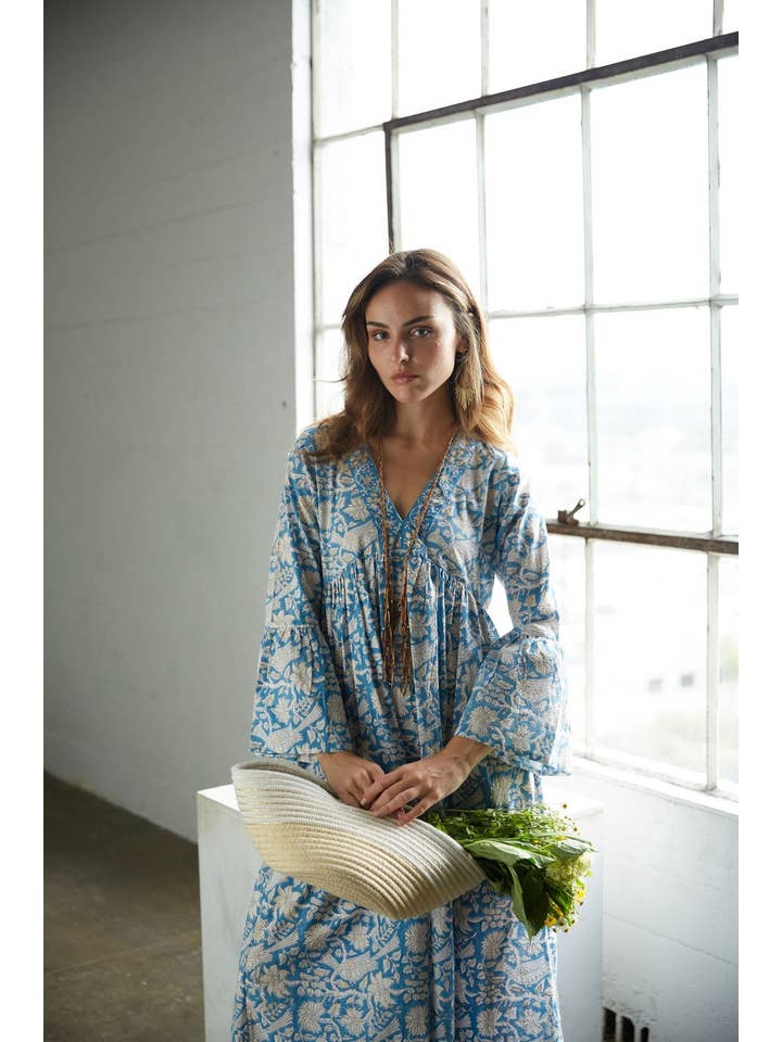 The Fox and The Mermaid - Wholesale Dress - Women's - Block Printed Cotton Bell Sleeve Dress (Gold/Blue)