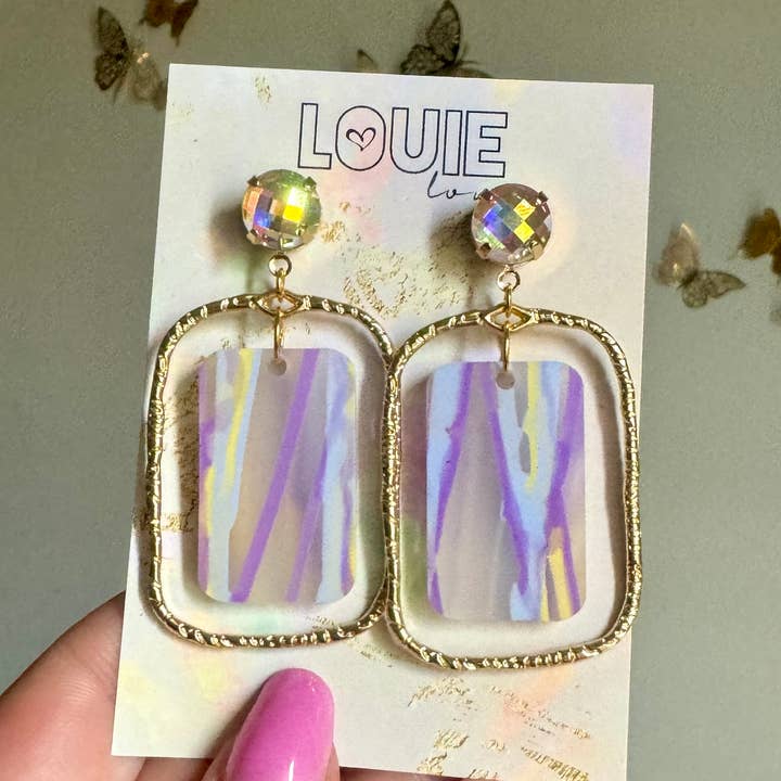 Louie Love - Wholesale Dangle Earrings - Purple Yellow Gold Louisiana Mardi Gras Acrylic Earrings