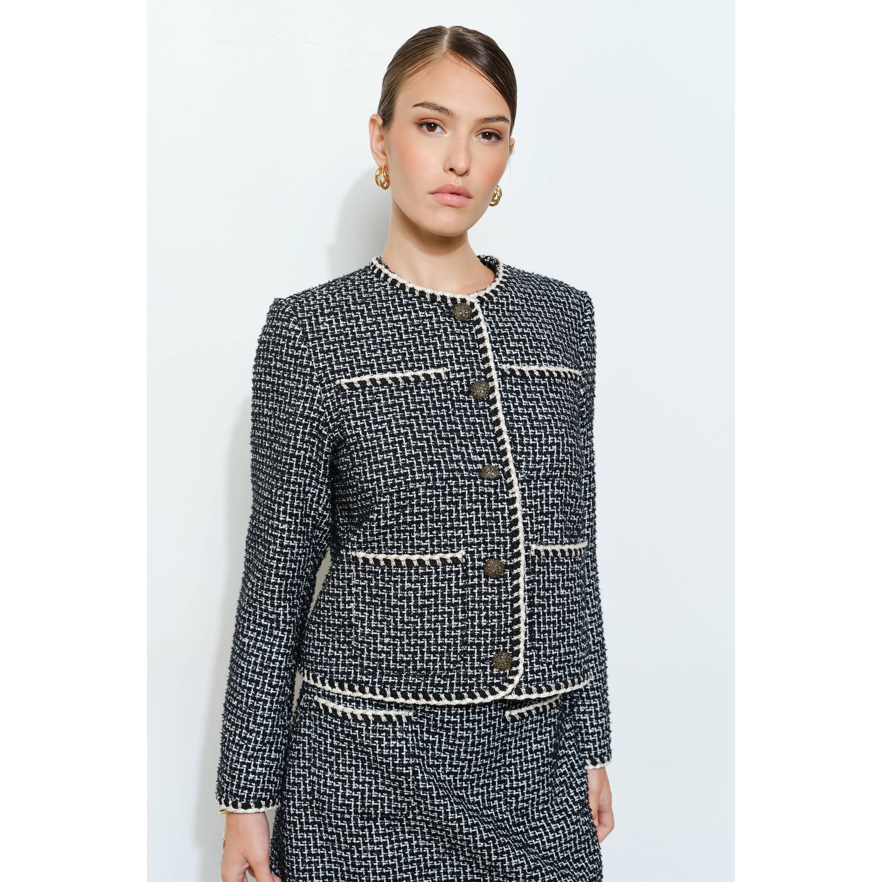 INA - Wholesale Jacket - Women's - Braided Trim Tweed Button-Up Jacket8