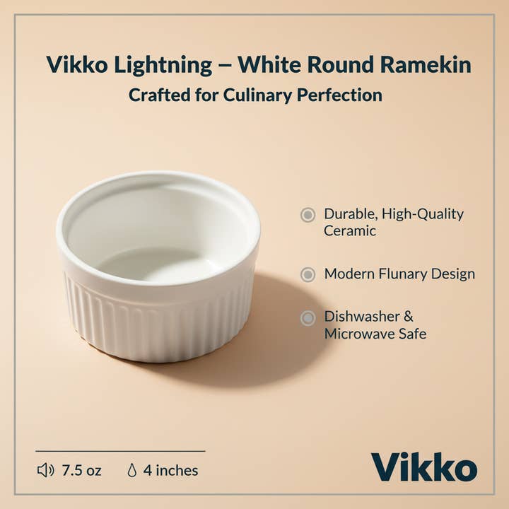 Kadra Kitchenware - Wholesale Ramekin - Vikko Lightning - White Round Ramekin, 7.5 oz 4"3