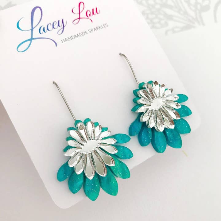 Medium Flower Frill Statement Dangle - Ocean Blue and Silver Acrylic Earrings for wholesale by Lacey Lou Sparkles