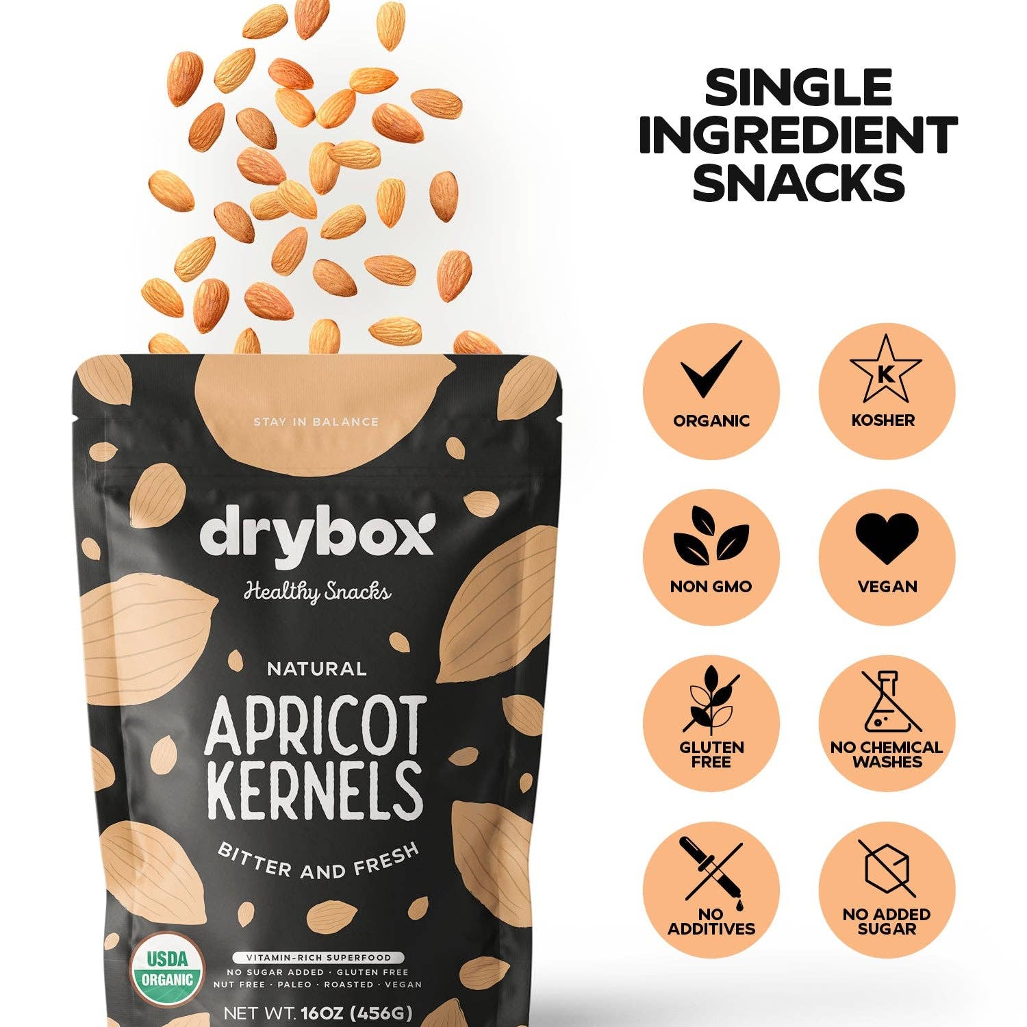 DRYBOX - Wholesale Dried/Dehydrated Fruit - Drybox Organic Bitter Apricot Kernels 1LB X3 PACKS BULK SIZE3