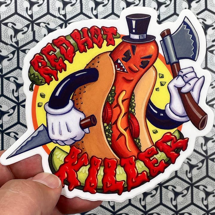 Red Hot Killer Chicago Hot Dog Vinyl Sticker for wholesale by Johnny Acurso Illustration