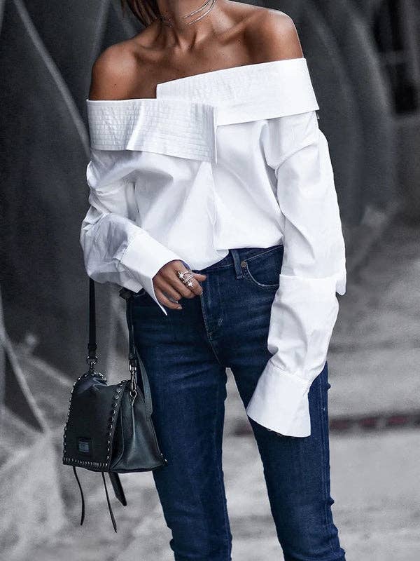 WHITE Casual Loose Long Sleeves Split-Joint Solid Color T-Shirt Top for wholesale on Faire