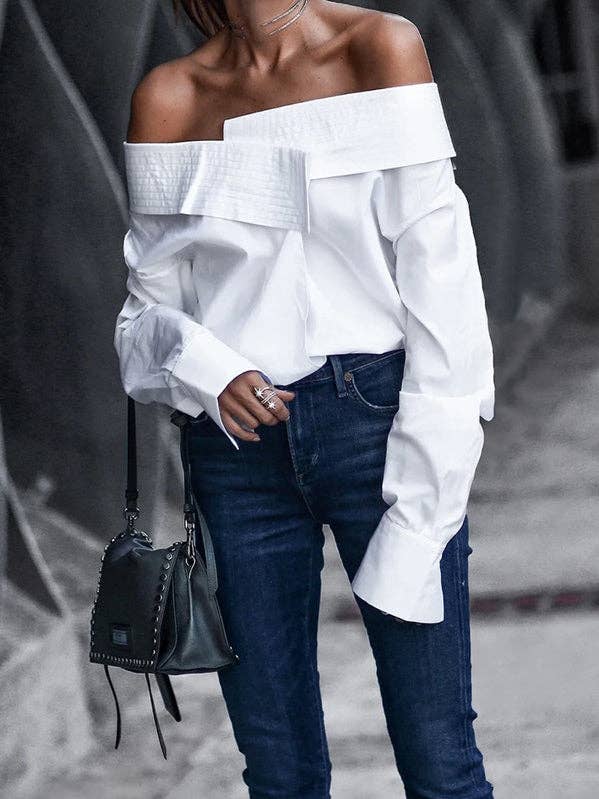 WHITE Casual Loose Long Sleeves Split-Joint Solid Color T-Shirt Top for wholesale on Faire0