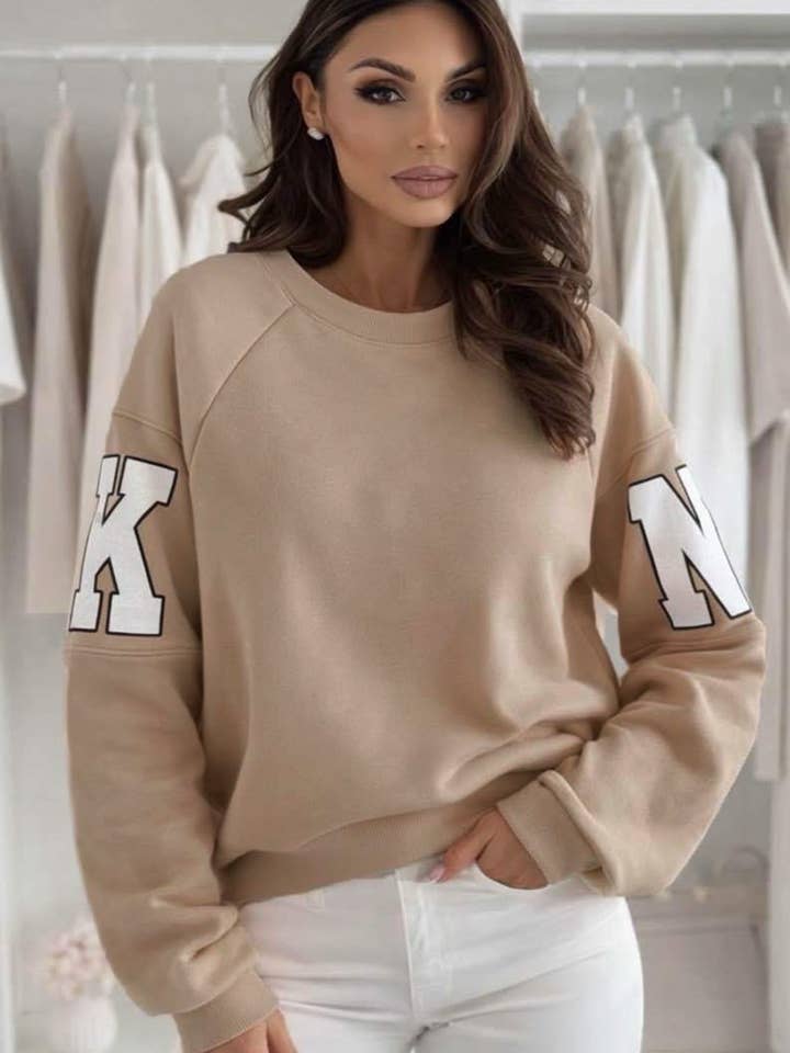 Amber ‘RKNE’ Oversized Raglan Letter Sleeve Sweatshirt Top-Stone for wholesale by Catwalk Wholesale