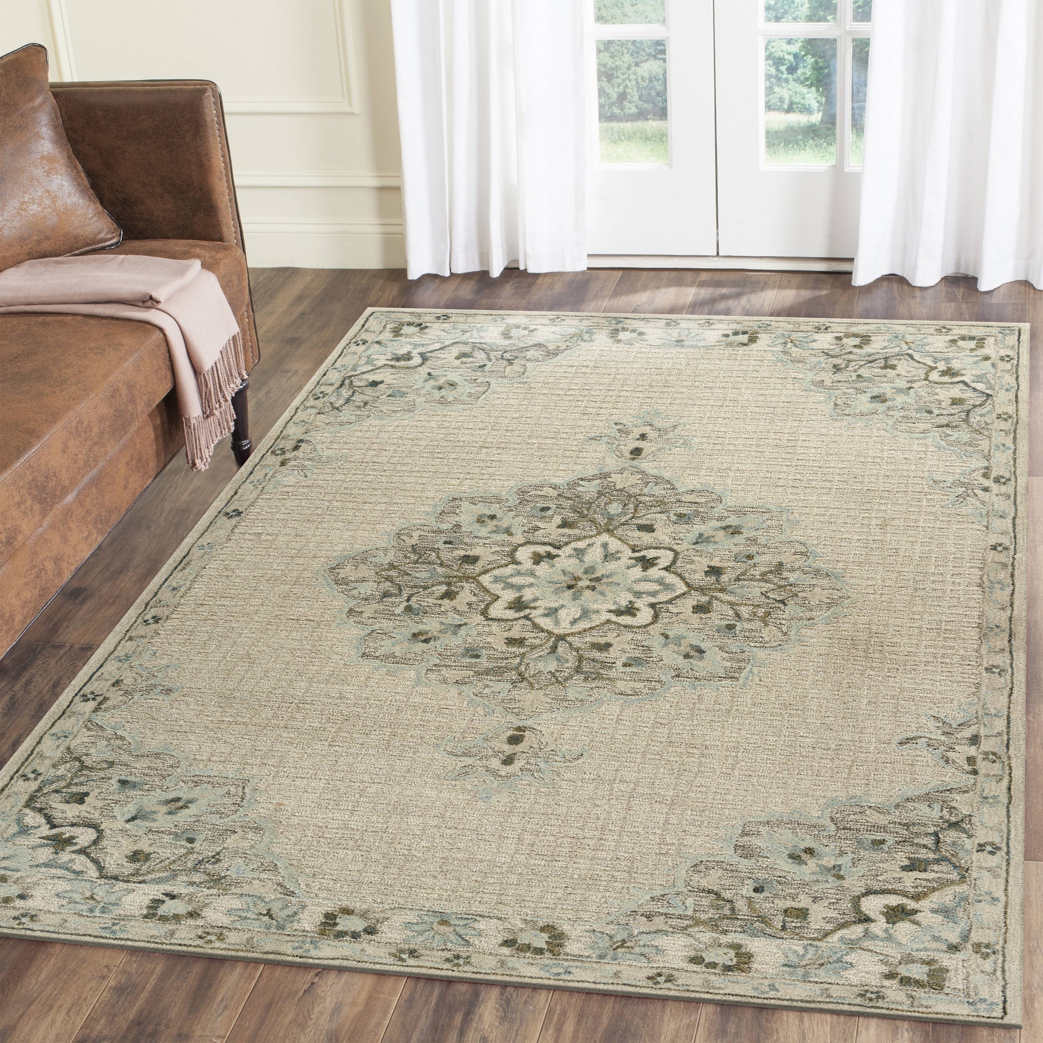 Beige Blue Artisan-Made Wool Area Rug – Medallion Pattern for wholesale on Faire5