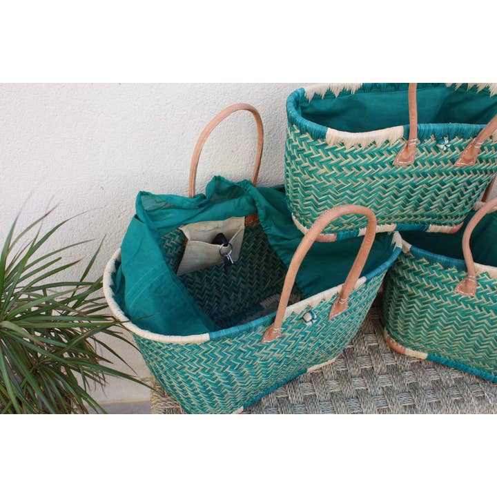 Boutique Huléti – Großhandel Strandtaschen – Türkisfarbener XXL-Korb aus Madagascar mit Beutelstoff — 3 Größen — Einkaufstasche, Einkaufstasche, Märkte, Strandtasche