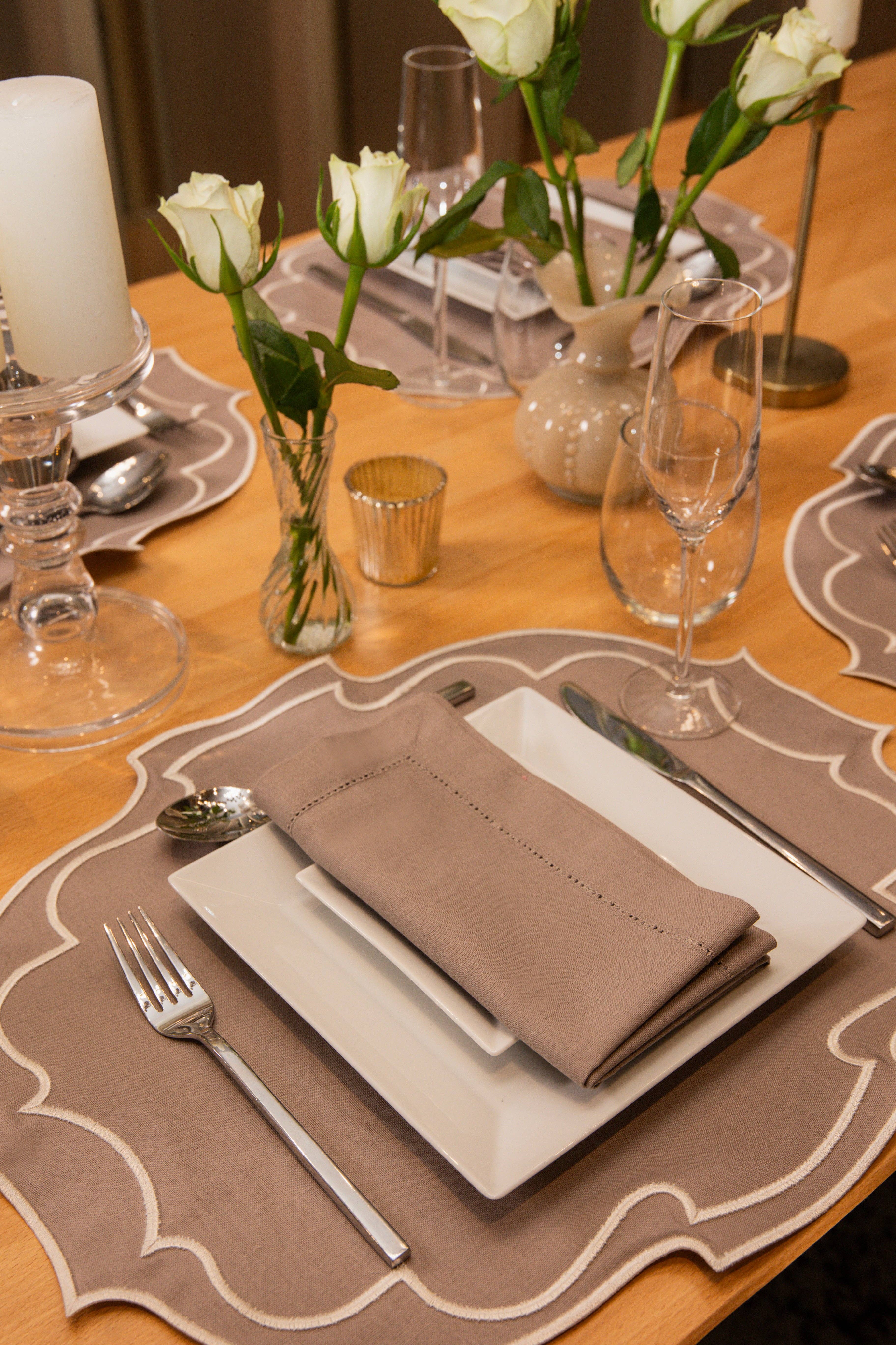 Top Tables Retail – wholesale Placemat – Taylor Embroidered Oval Placemats - Latte • Set of 22