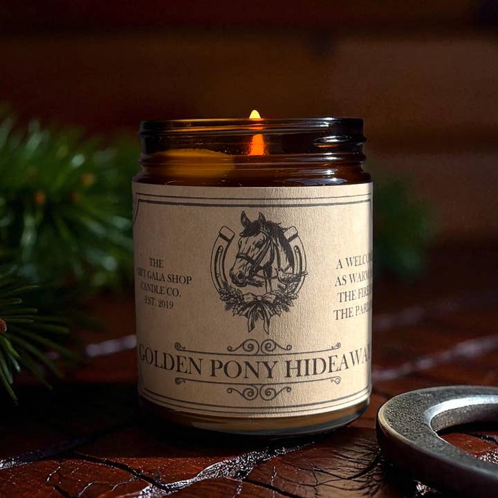 “Golden Pony Hideaway” Western Soy Candles | Holiday Candles and other Purchase Wholesale hideaway. Free Returns & Net 60 Terms on Faire trending on Faire.
