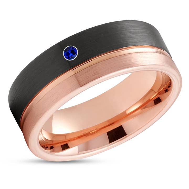 Anel de casamento preto - Anel de tungsténio em ouro rosa - Anel de safira azul - Anel de casamento masculino por atacado de Lucky Love Rings