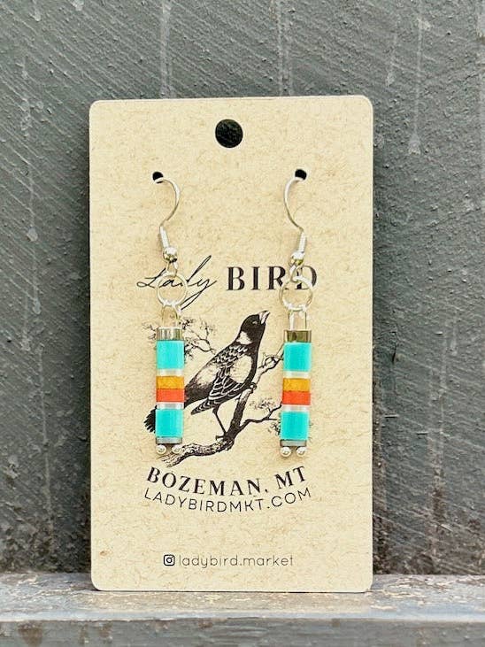 Retro Blue Stripes with Silver or Gold Tila Bead Earrings for wholesale by Lady Bird Market