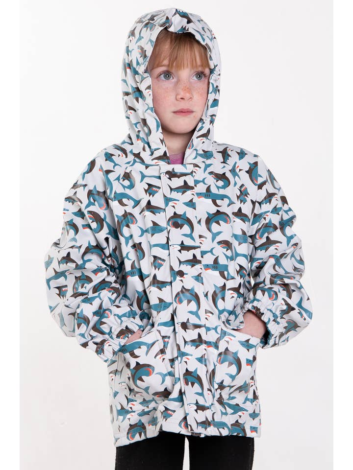 Oaki - Vendita all'ingrosso Impermeabile - Bambini - NUOVO! Cappotto antipioggia foderato 2.0, Shark Frenzy (taglia L)