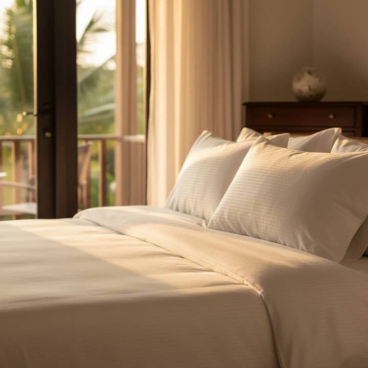 T-310 vita blandade sänglakan med 6 mm satängrand för wholesale av Rifz Textiles Inc