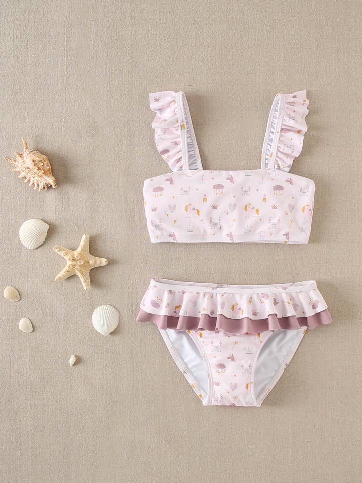 Bikini da bambina stampato unicorni con volant per la vendita all'ingrosso da parte di Dadati