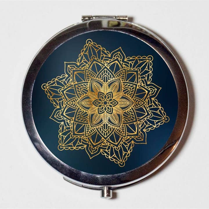 FringePop - Wholesale Compact Mirror - Blue and Gold Mandala Compact Mirror - Spiritual Spirituality Zen Buddhist New Age Yoga - Make Up Pocket Mirror for Cosmetics