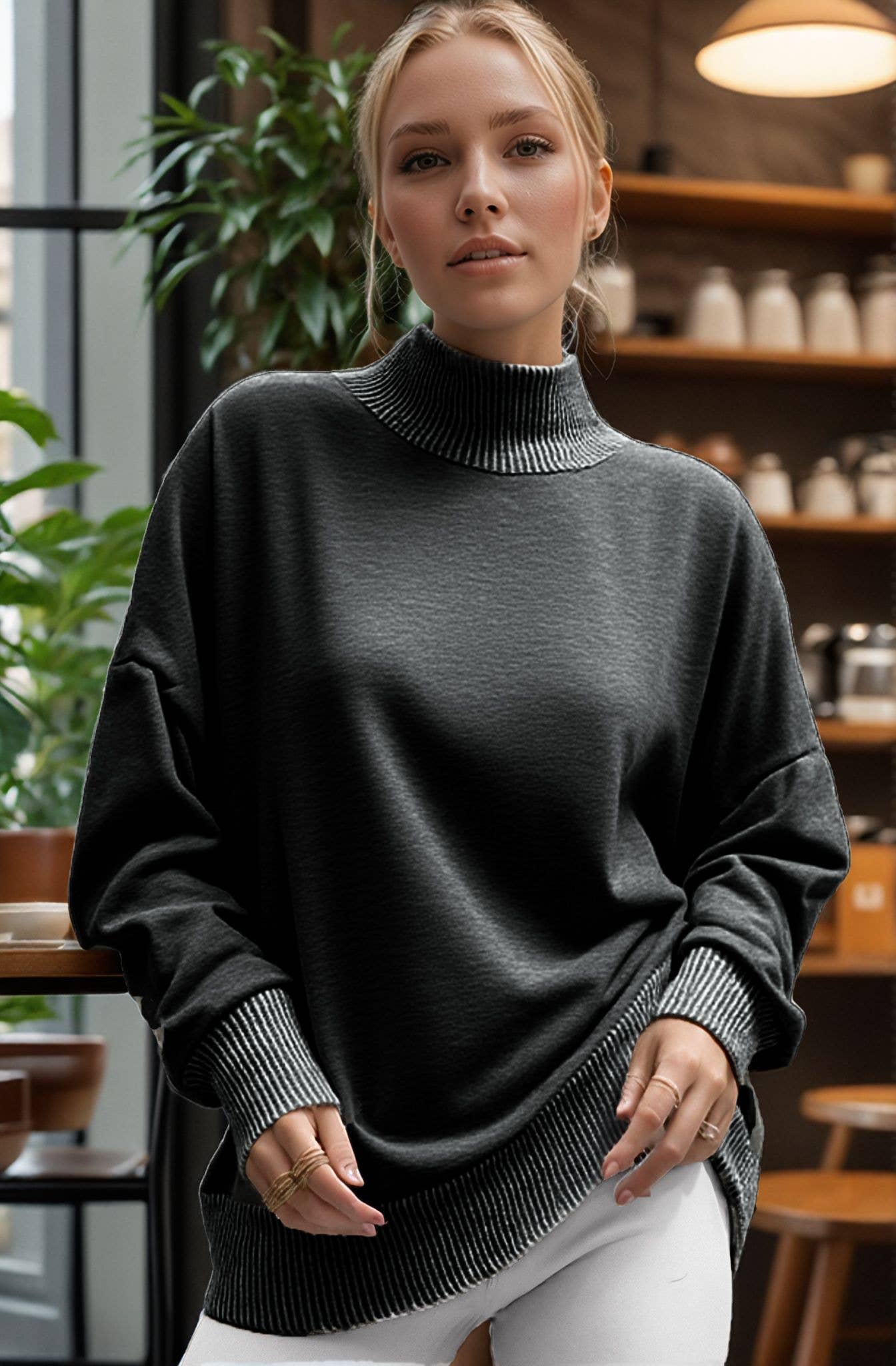 Burgundy Apparel - Wholesale Sweatshirt - Women's - MOCK NECK SWEATSHIRT WITH COLLAR SLIT DETAIL0