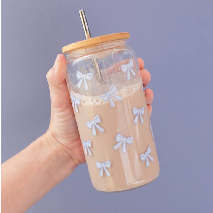 Pippi Post - Wholesale Drinking Glass/Cup - Blue Coquette Bows Glass Can