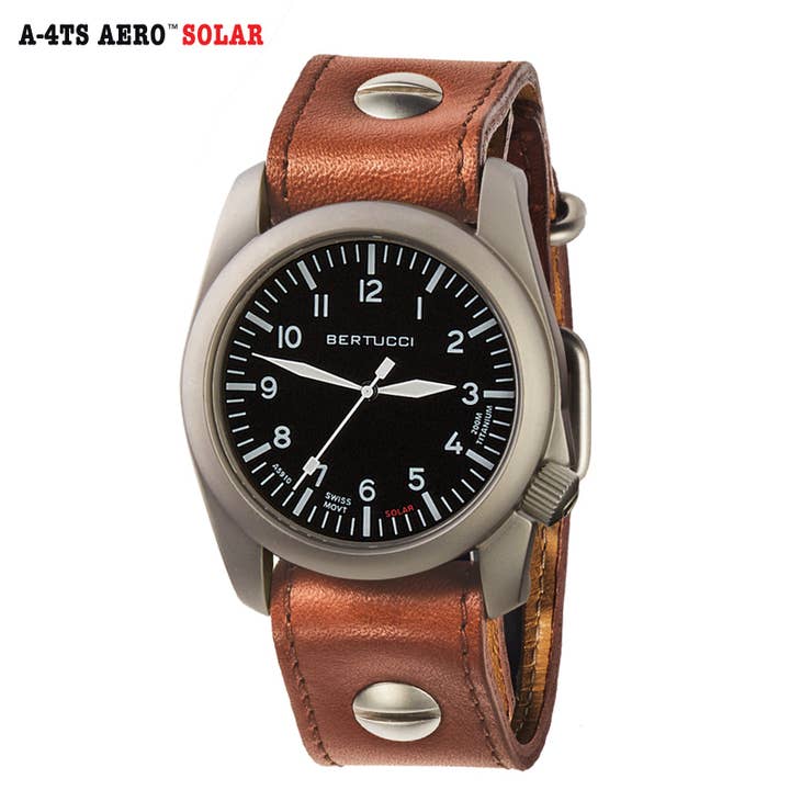 A-4TS AERO Solar Watch with Vintage Tan Leather Strap for wholesale by Bertucci