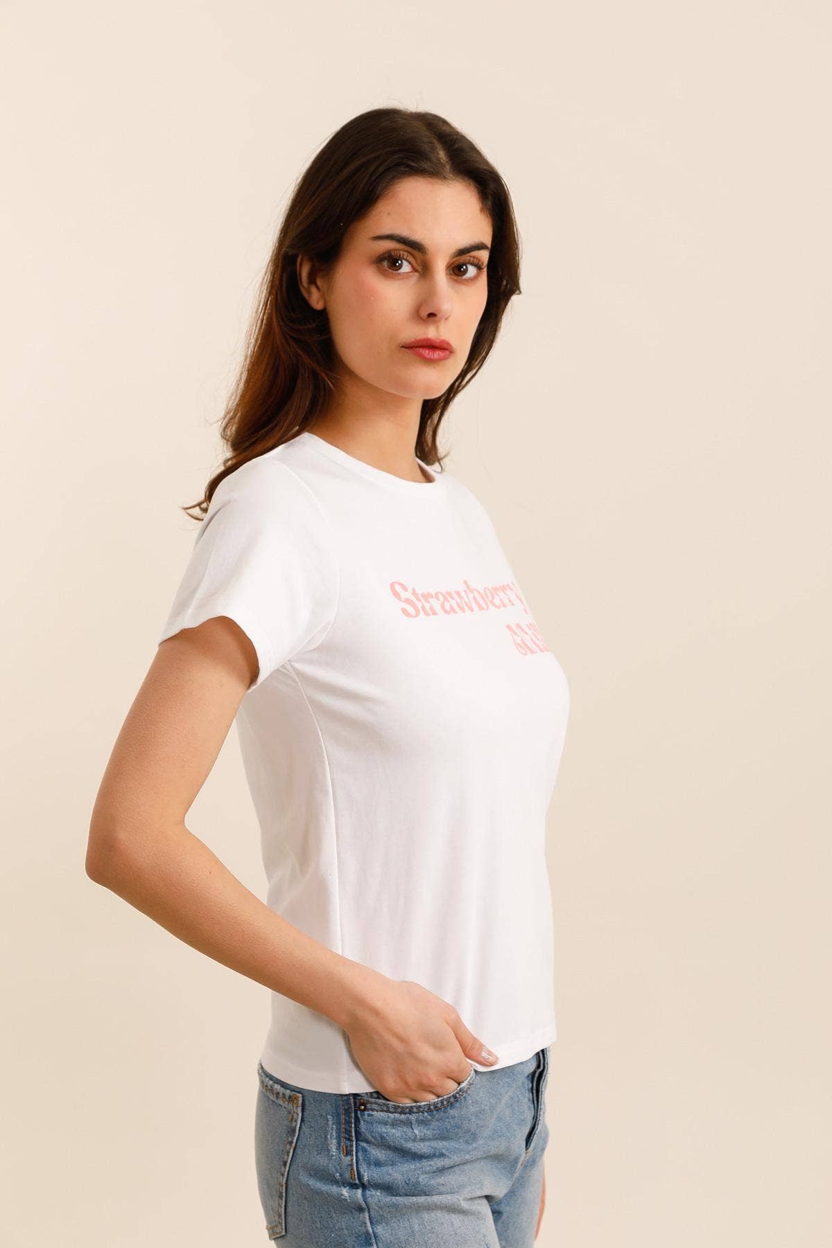 White 32007 T-SHIRT "STRAWBERRY MILK" for wholesale on Faire2