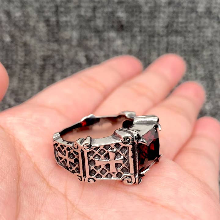 Mio Queena - Wholesale Signet Ring - Red Gemstone Stainless Steel Cross Ring - MJ/MR3
