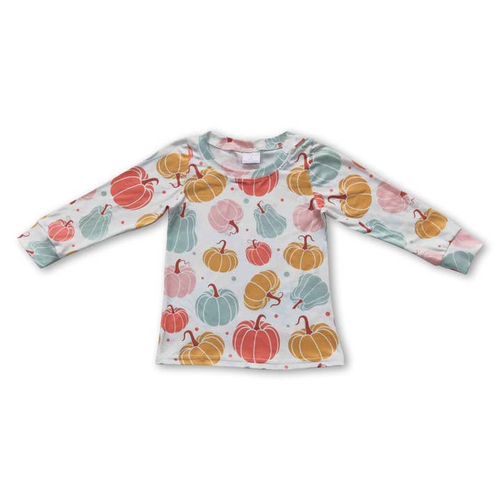 Colorful pumpkin long sleeves baby girls fall shirt for wholesale by Yawoo Garments