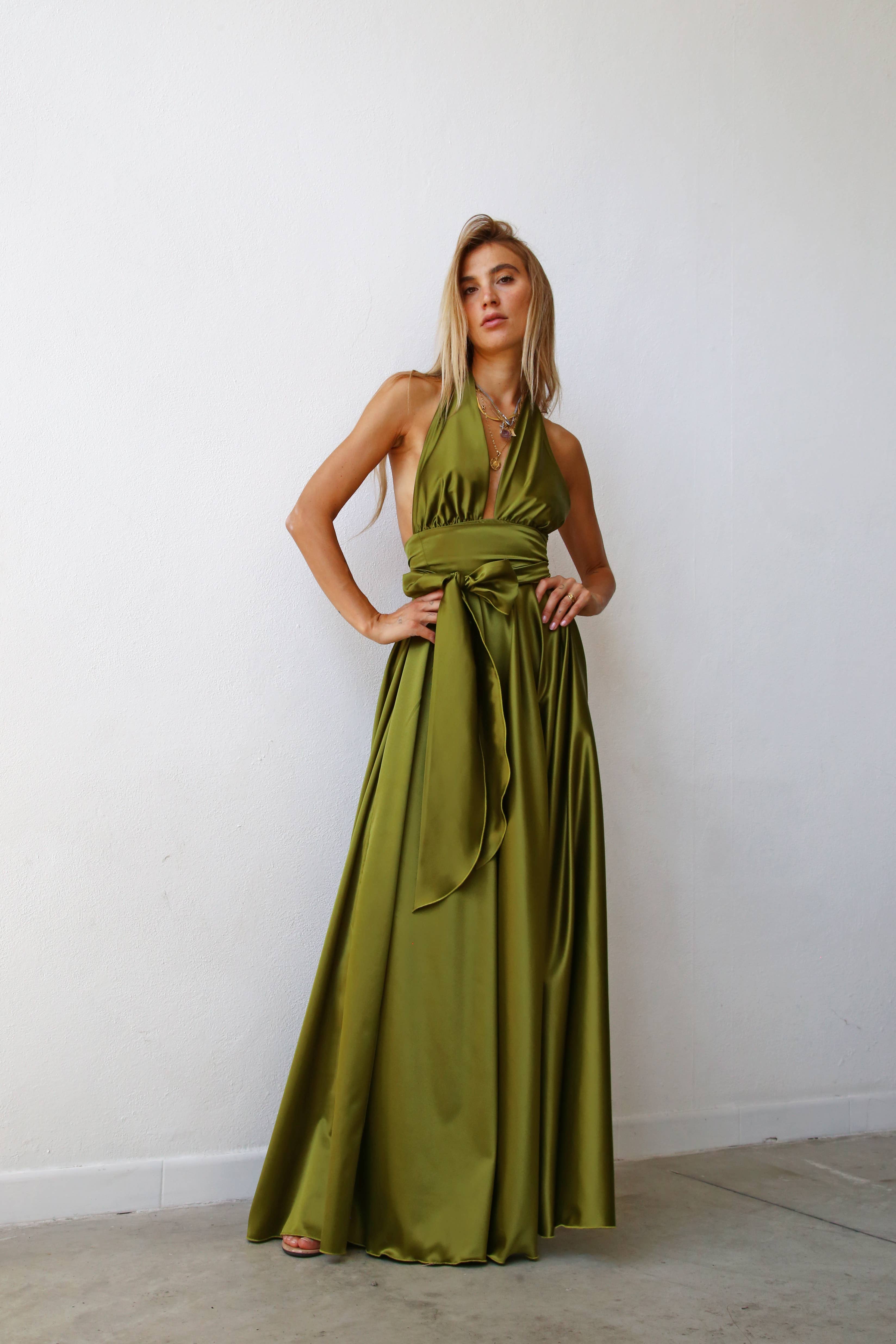 P3169 LONG MARILYN DRESS WITH FLARED SKIRT AND OLIVE GREEN BELT for wholesale on Faire8