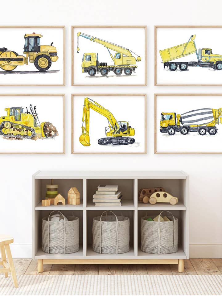 Byggepladskøretøjer Print Sæt med 6 Prints Akvarelmaleri Print Lastbil Dreng Gave Vægdekoration Hjemme Vægkunst Børnetraktor Transport for engroshandel hos Goodfairyart